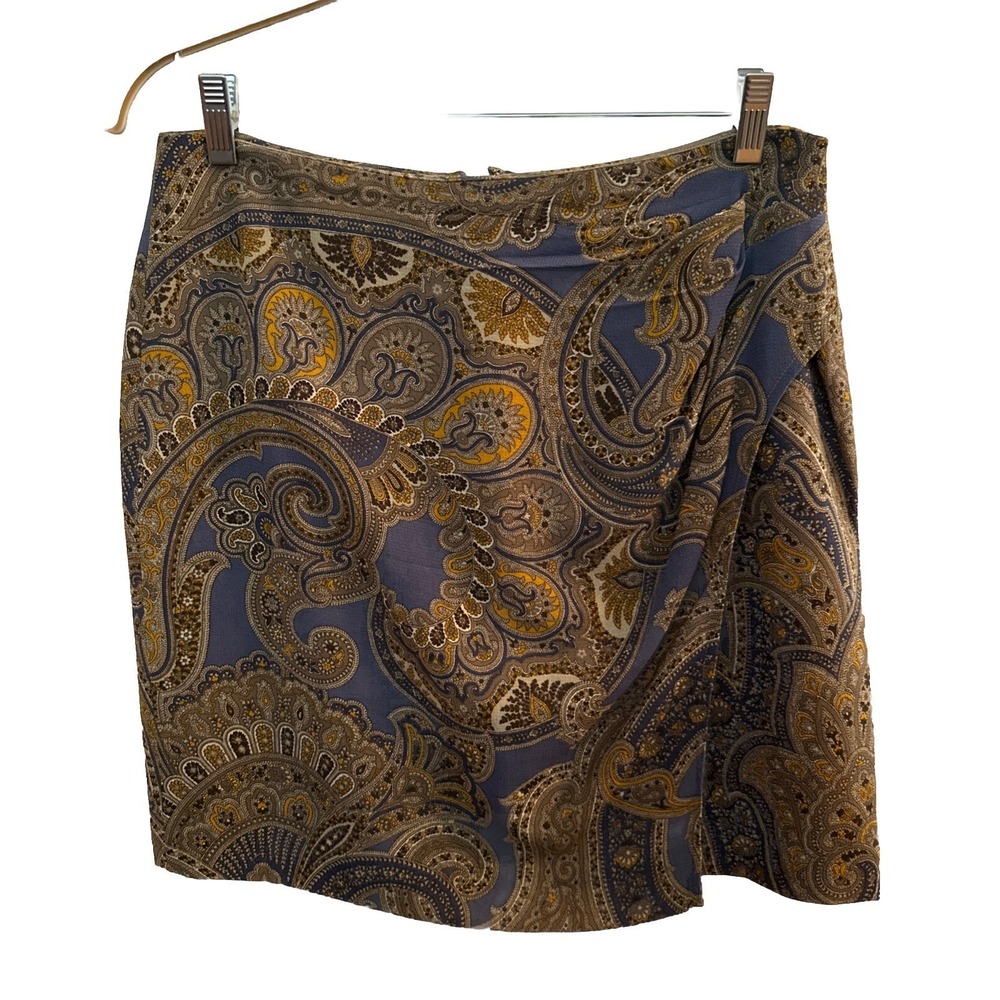 Vintage 90's Bohemian Ellen Tracy Blue/Brown Paisley Silk Wool Mini Skirt